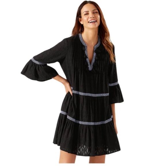 Tommy Bahama Embroidered Tassel Tunic Mini Dress Size Medium Black V-Neck Cotton - Picture 1 of 8